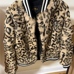 Leopard Print Faux Fur Bomber Jacket - Black & Tan